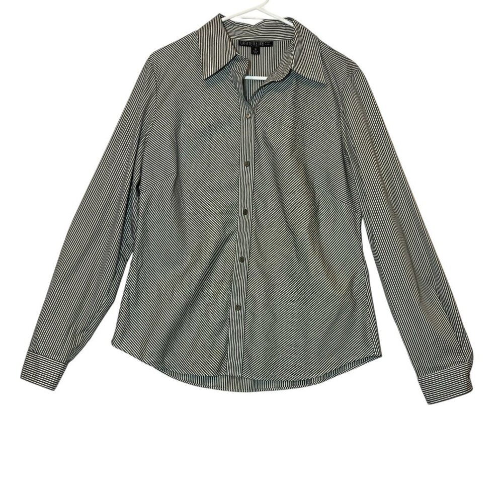 Lafayette 148 New York Women’s Stripe Button Shirt Size 10 Black Work Casual - Picture 1 of 12